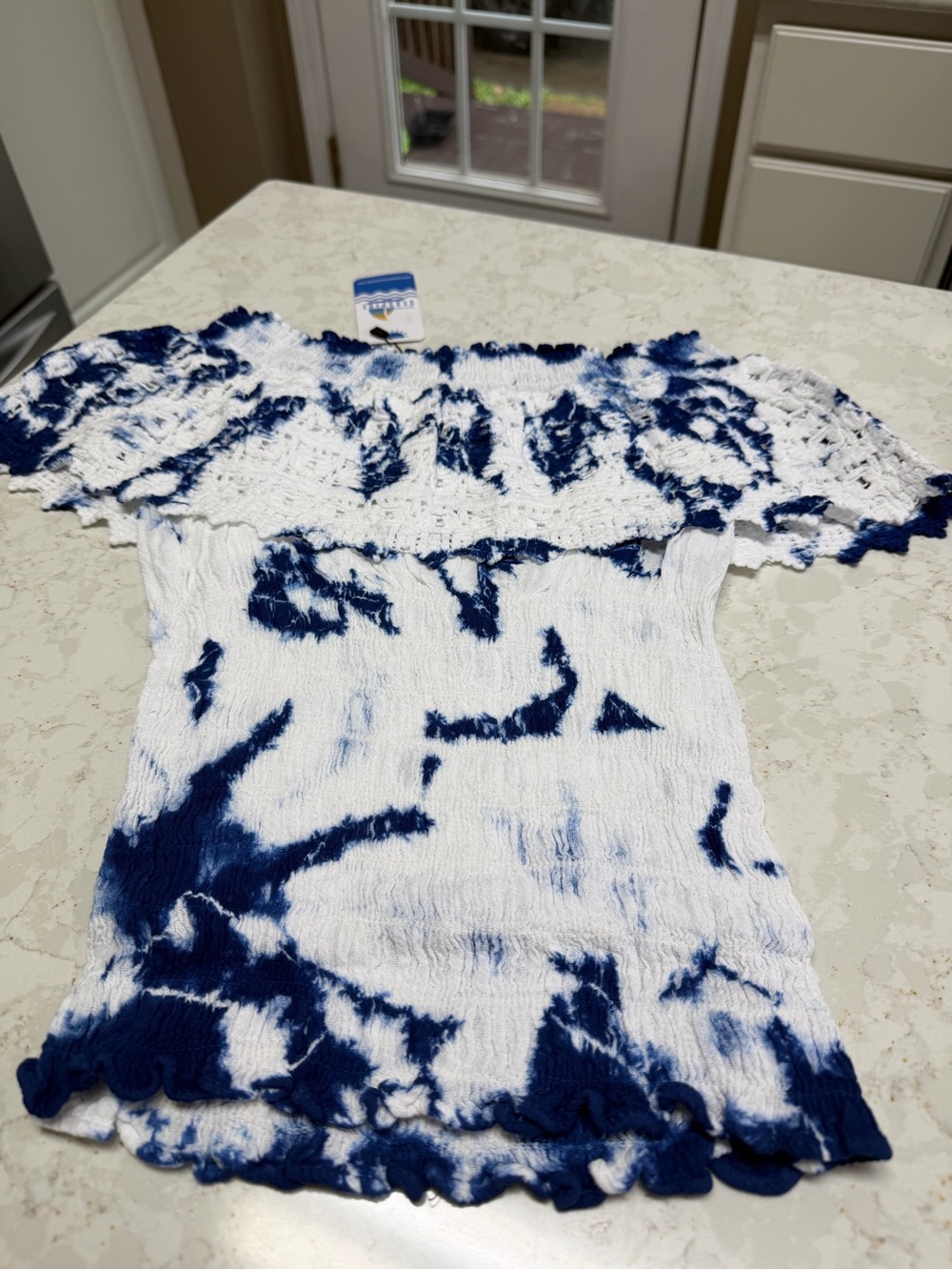 Smocked Tie-Dye Off-Shoulder Camisole - White & Navy new large - Picture 5 of 6